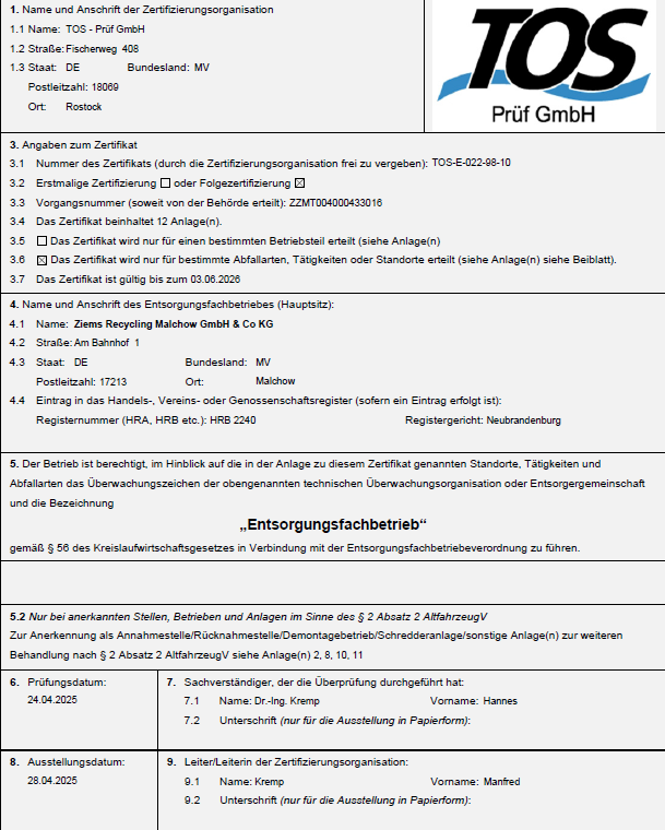 Zertifikat Entsorgungsfachbetrieb alle Standorte 2025